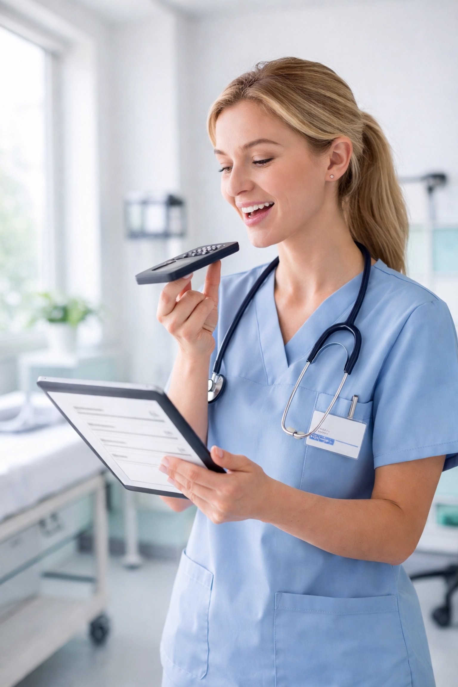 Nurse practitioner using AI voice dictation software for clinical documentation in a bright, modern exam room.