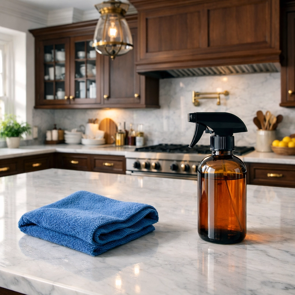 Eco-friendly cleaning on a historic Marblehead kitchen marble island with dark wood cabinets.