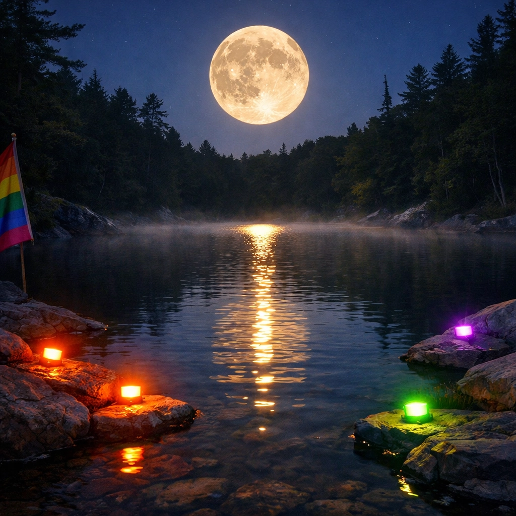 Secluded moonlit swimming hole surrounded by forest with peaceful water reflection