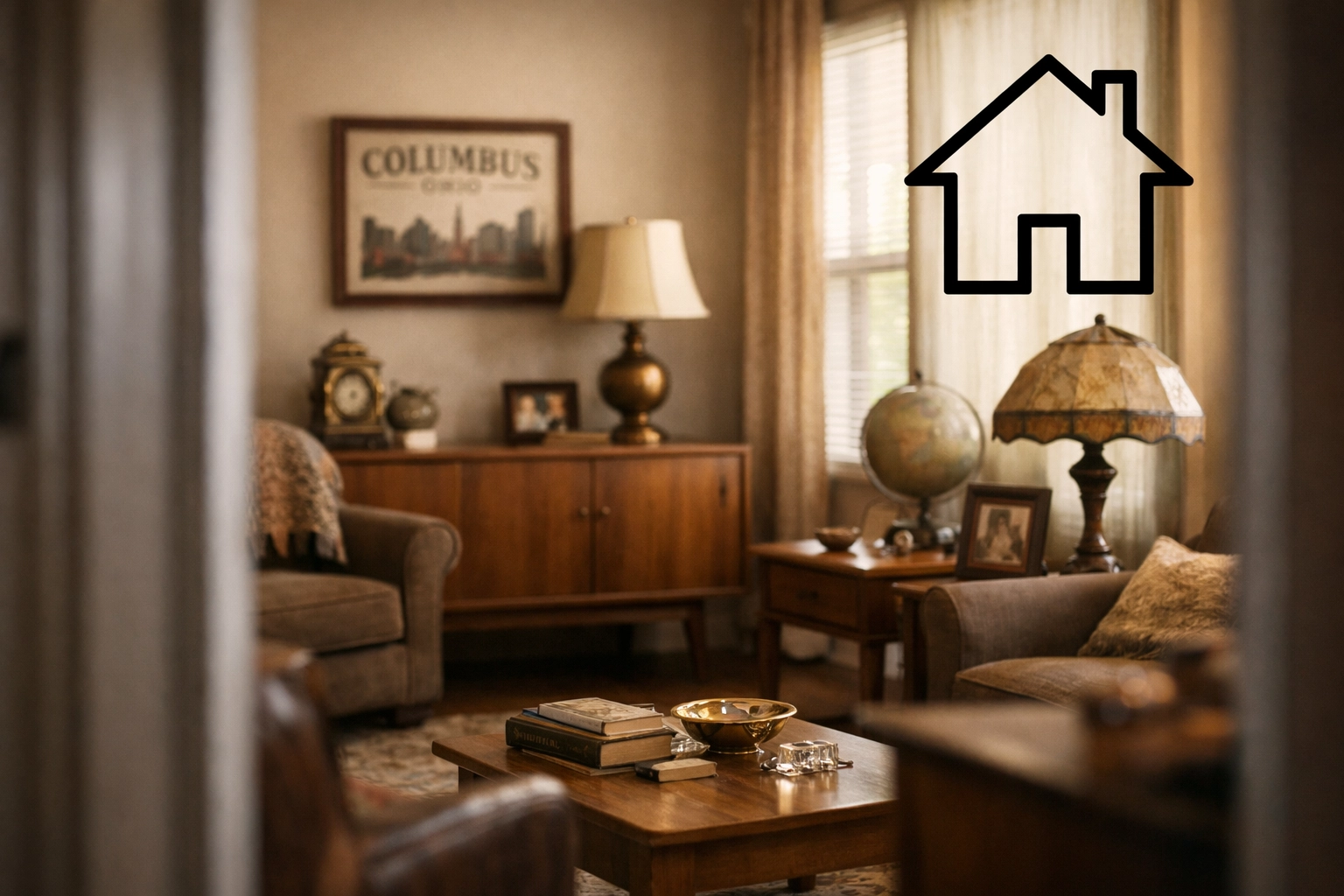 Traditional Columbus estate sale living room with vintage furniture and antiques