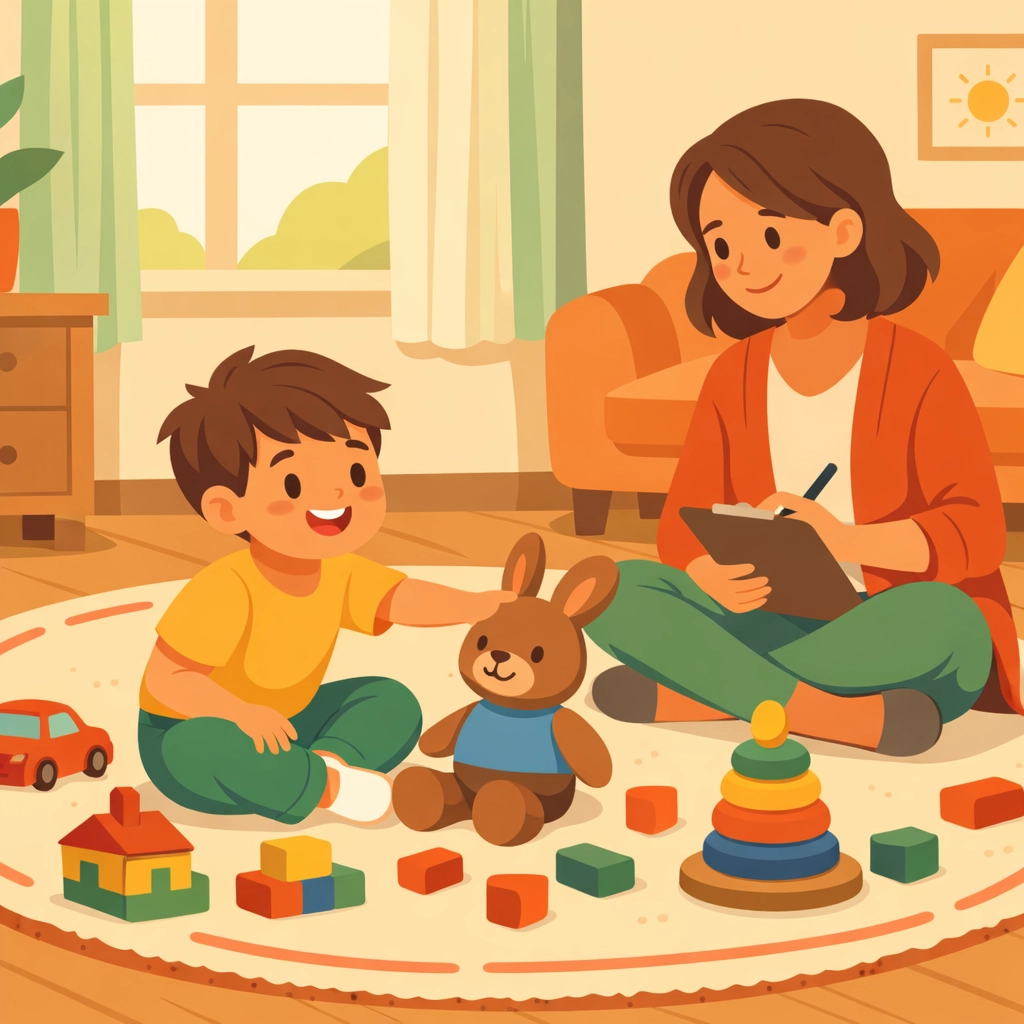 Child and therapist enjoying a compassionate play-based ABA therapy session in a cozy home setting