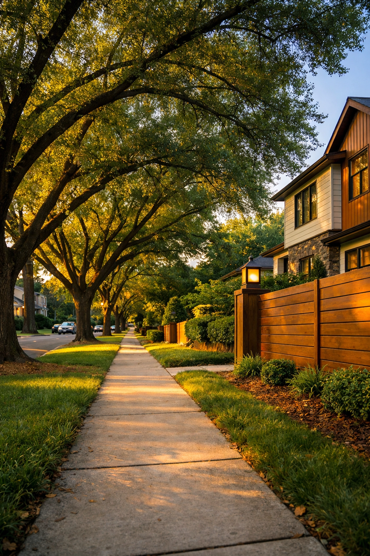 Walkable tree-lined residential street in an upscale Charlotte neighborhood like Cotswold or SouthPark.