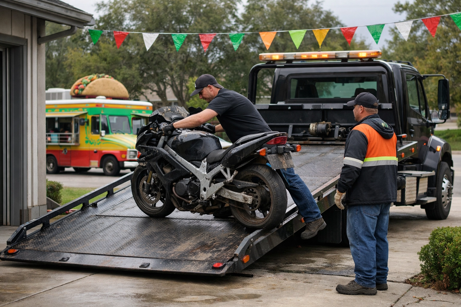 A professional motorcycle buyer's truck loading a non-running motorcycle from a driveway with a subtle Taco Tuesday vibe.