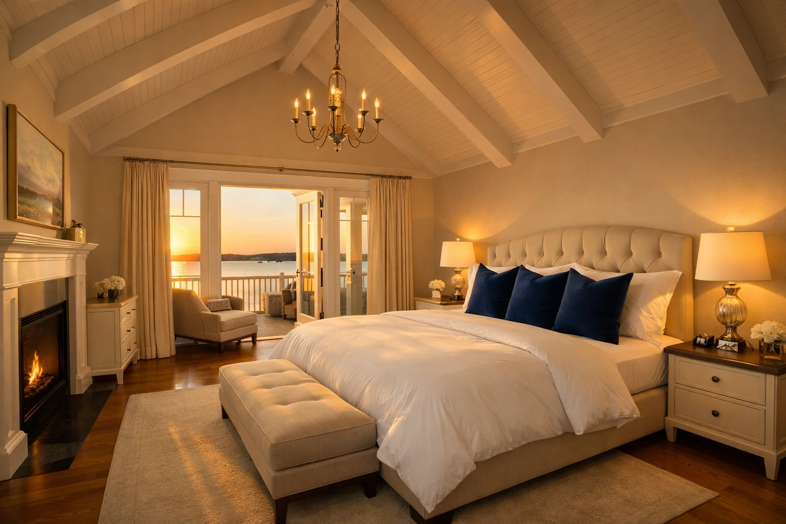 Spotless master bedroom in a Dover home showing the results of professional residential cleaning Massachusetts.