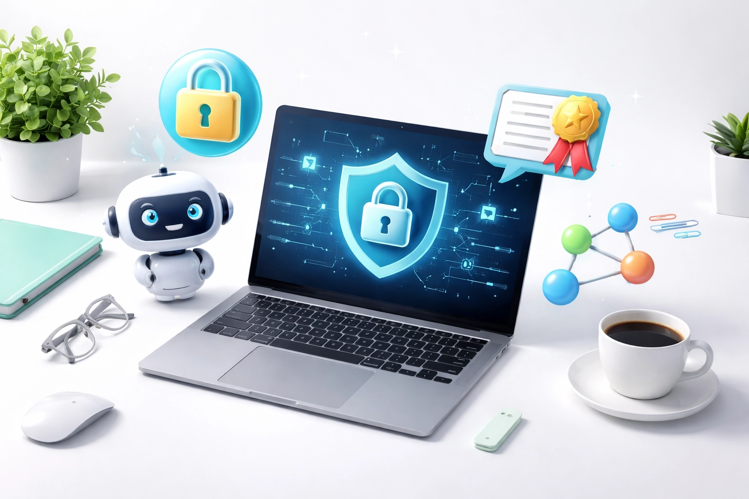 Desk scene with a laptop, padlock and AI icons, illustrating combined data security and ethical AI management for start-ups