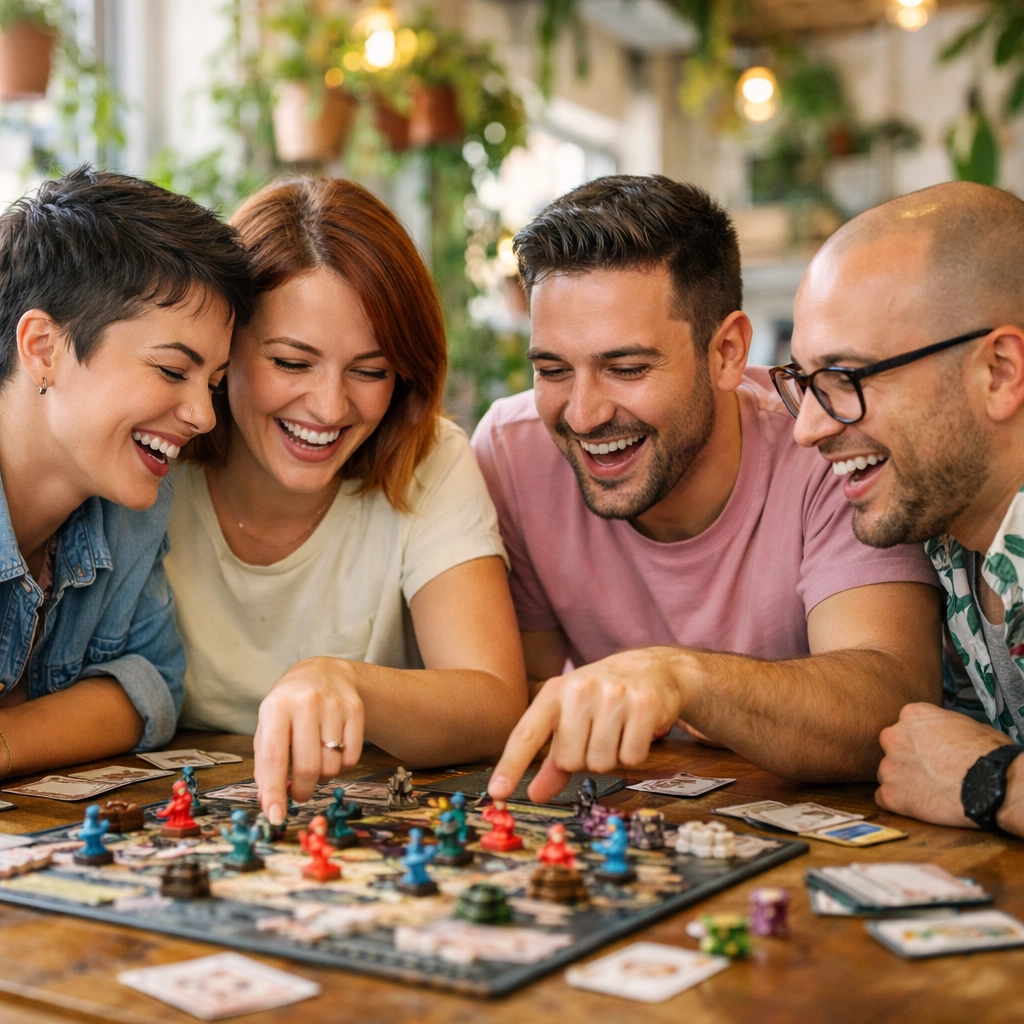Queer friends building community while playing a tabletop board game together in a cozy cafe.