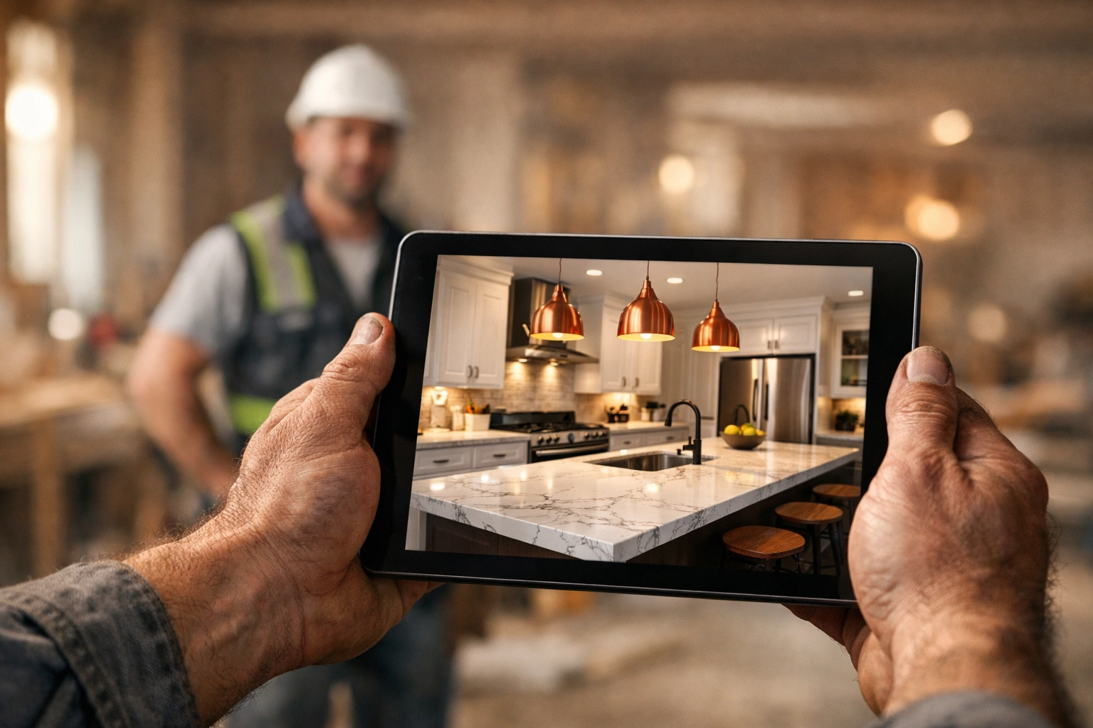 Contractor using a tablet to showcase a professional portfolio as part of web design for small business.