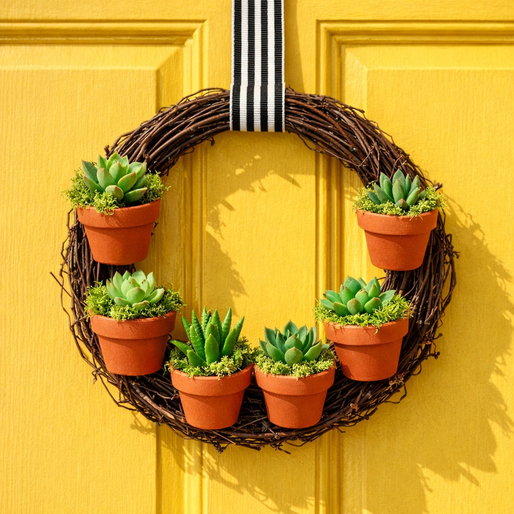 A unique twig wreath featuring mini terracotta pots and succulents hanging on a bright yellow front door.