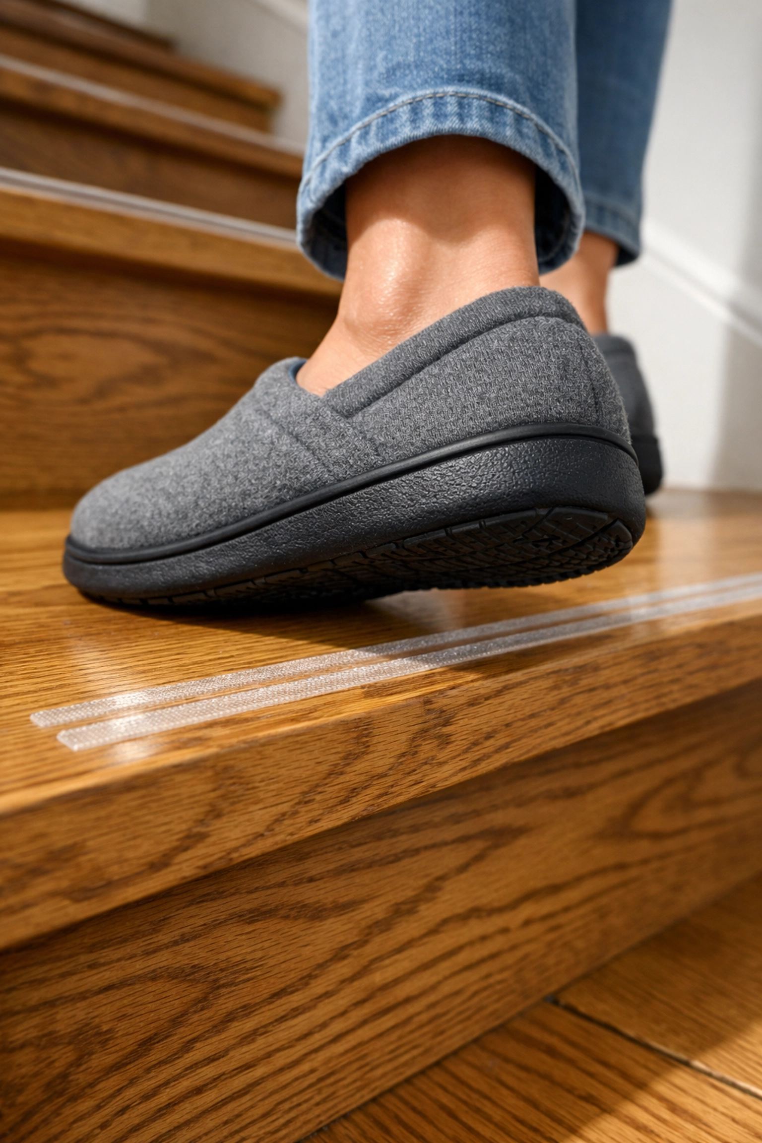 Person wearing non-slip indoor shoes stepping onto a stair tread with anti-slip safety strips.
