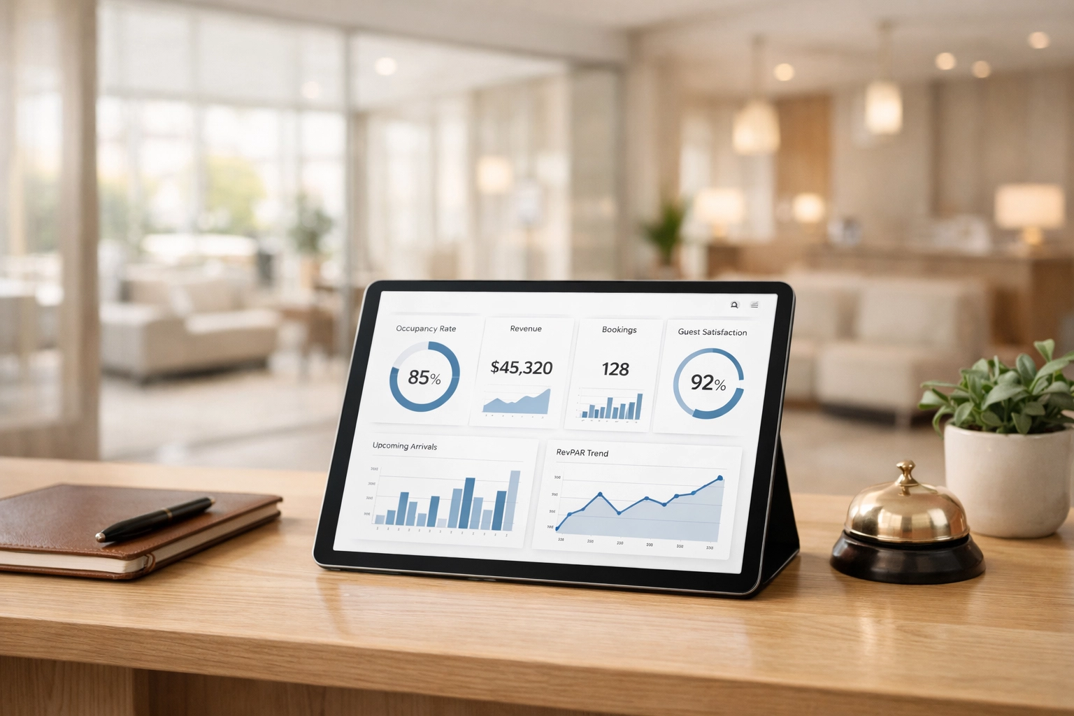 Hotel PMS channel manager syncing rates and availability on a tablet to prevent overbookings