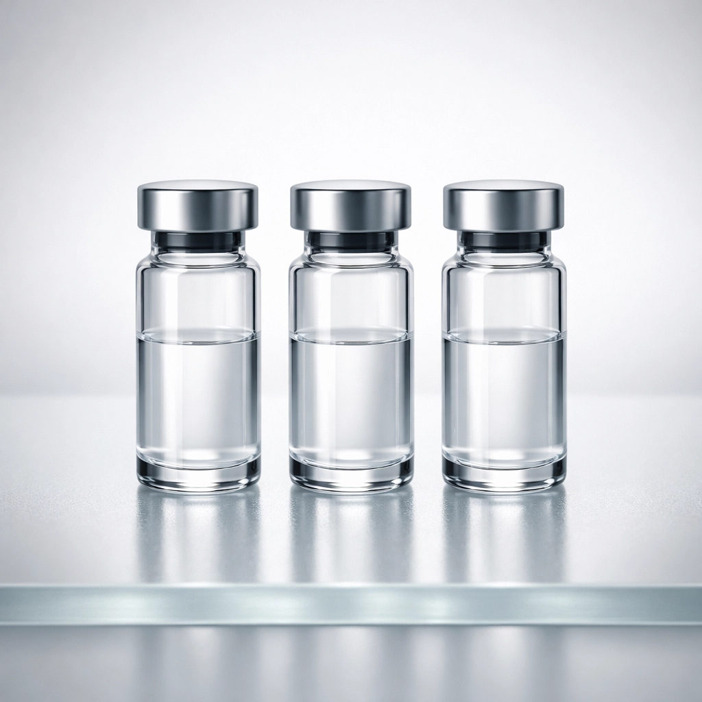 Professional glass vials of high-purity research peptides on a sterile laboratory surface.