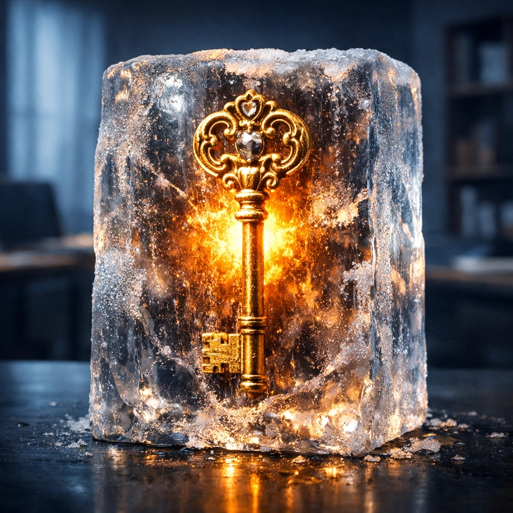 A golden key frozen in a block of ice symbolizing hidden potential in cold real estate leads.