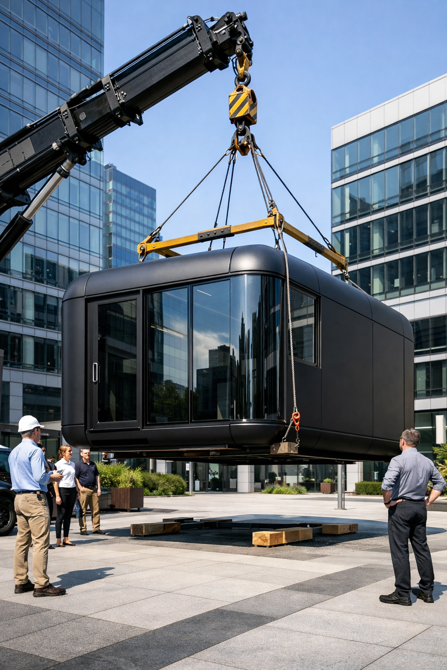 Deployment of a modular tech pod into a corporate plaza, showing modern business infrastructure logistics.