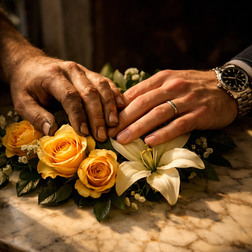 Florist and client hands touching floral arrangement, symbolizing trust and connection