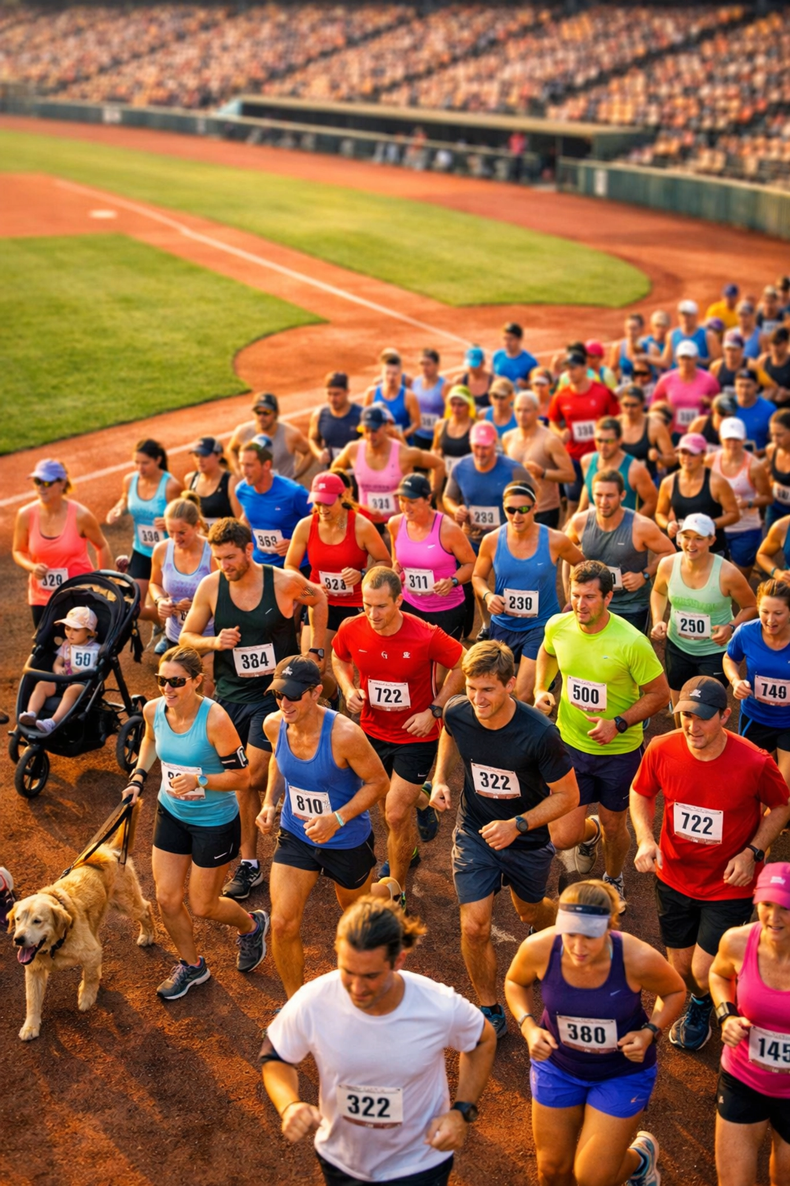 Runners gather at starting line of Goodyear Heart & Sole 5K at Goodyear Ballpark with families and dogs