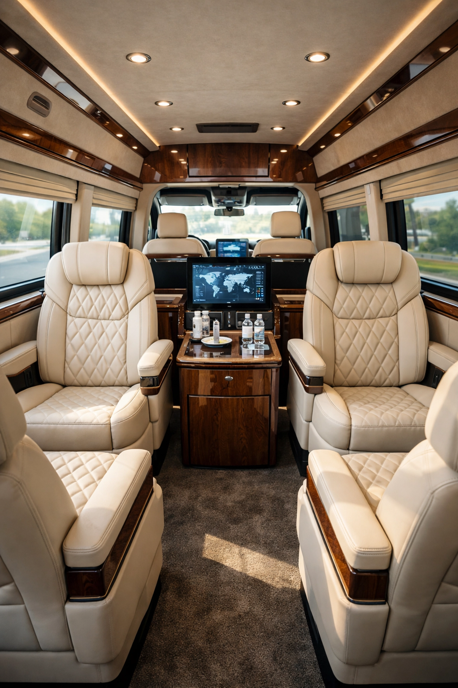 Premium executive Sprinter van interior designed for high-end VIP corporate travel and Super Bowl networking.