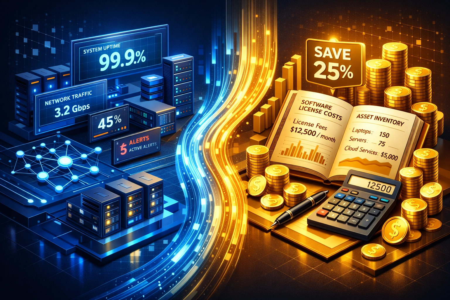 ServiceNow ITOM operational dashboard vs ITAM financial savings comparison visualization