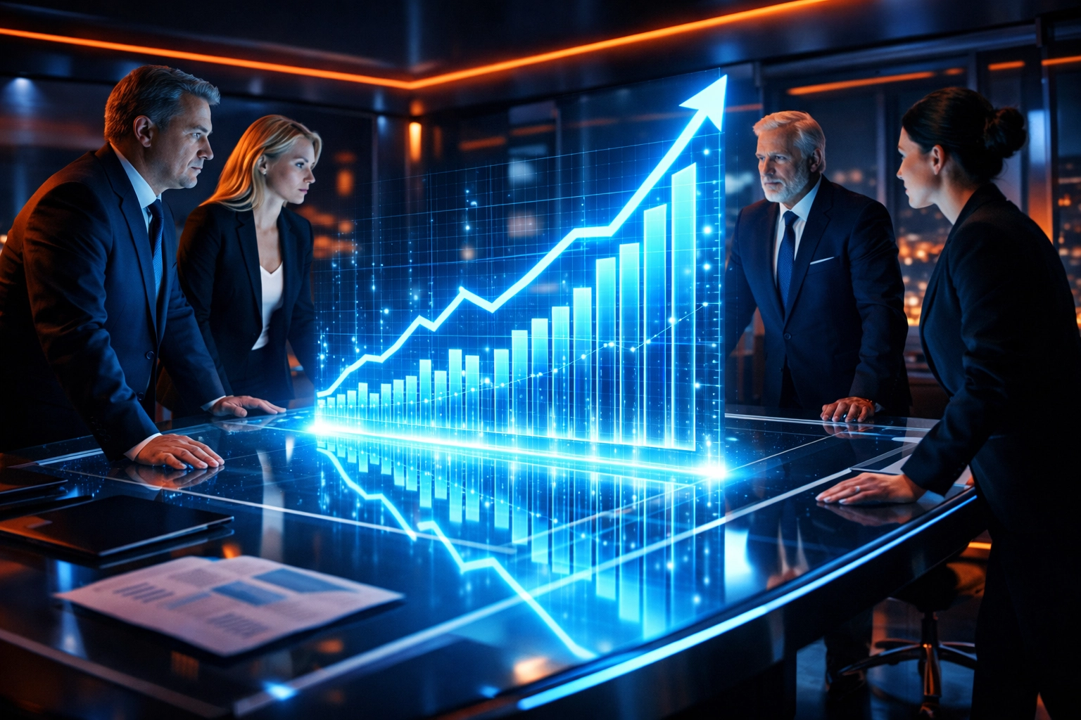 Geschäftsführung analysiert ROI-Wachstum durch professionelle KI-Expertise für KMUs im Konferenzraum.
