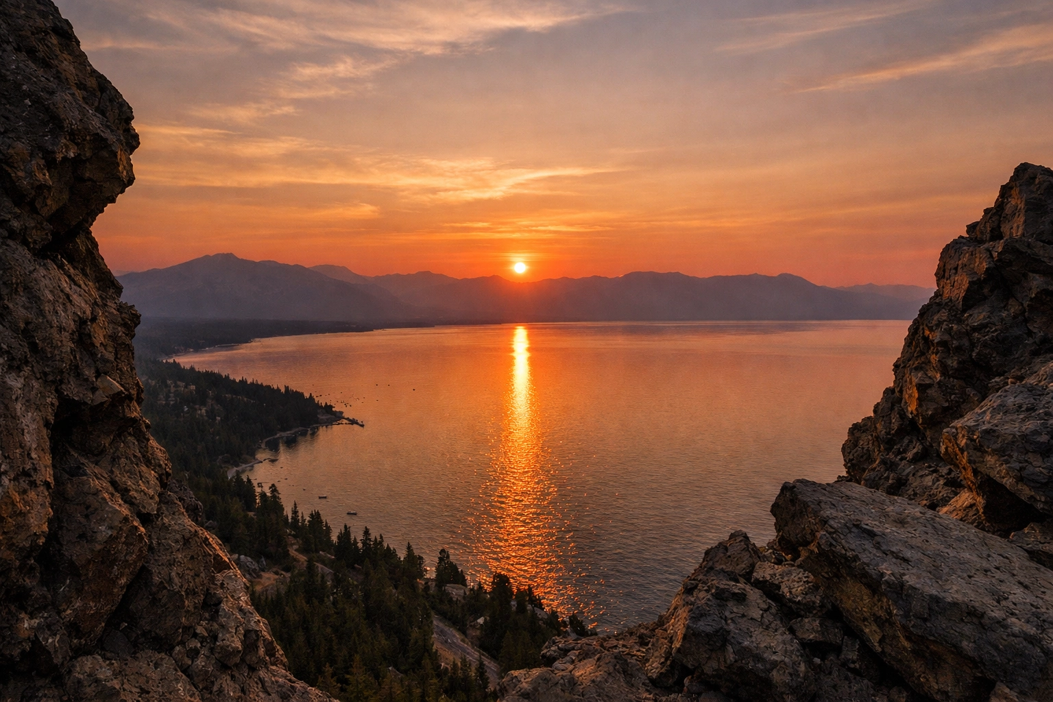 Panoramic sunset view from Cave Rock in Zephyr Cove showing golden light reflecting on Lake Tahoe.
