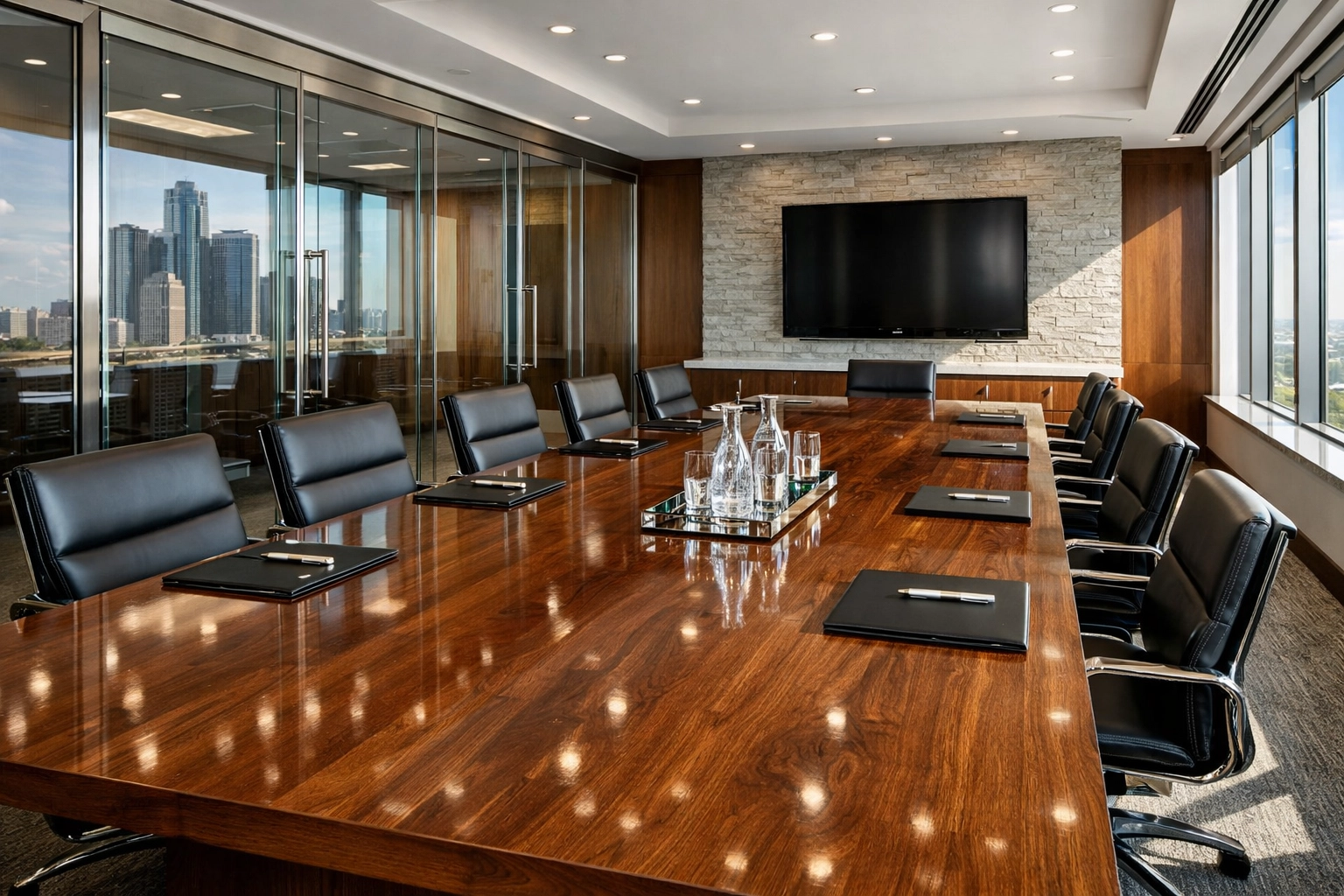 Cleaned and polished Detroit conference room highlighting professional surface care.