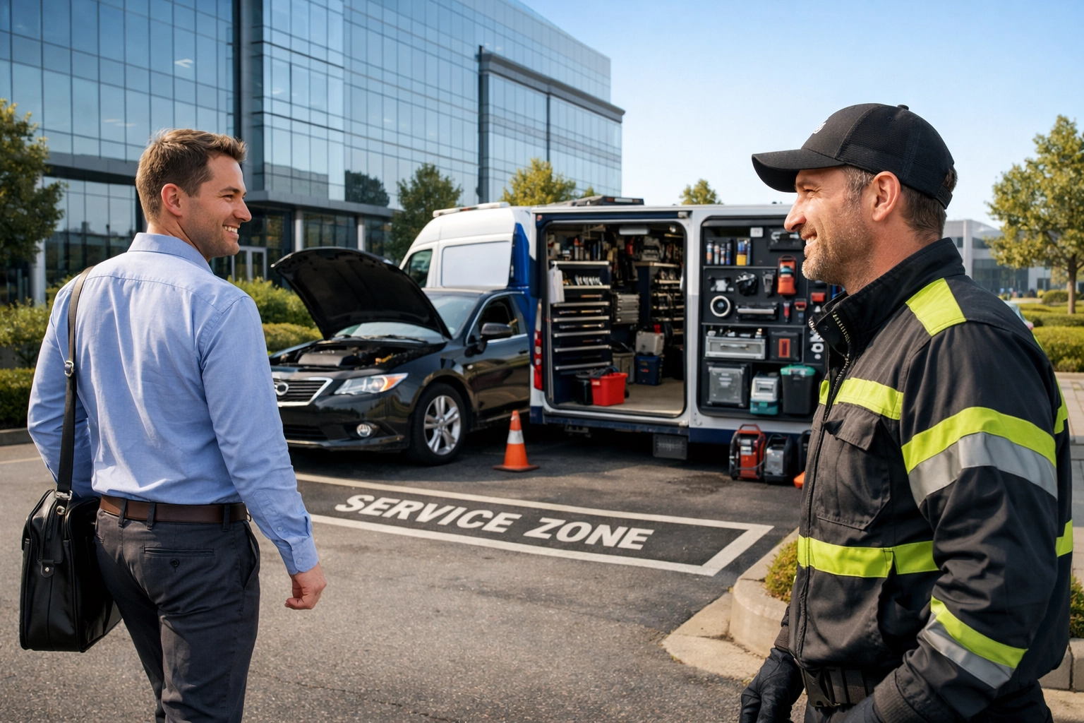 Mobile car repair technician providing onsite maintenance for employees at a Green Bay office park.