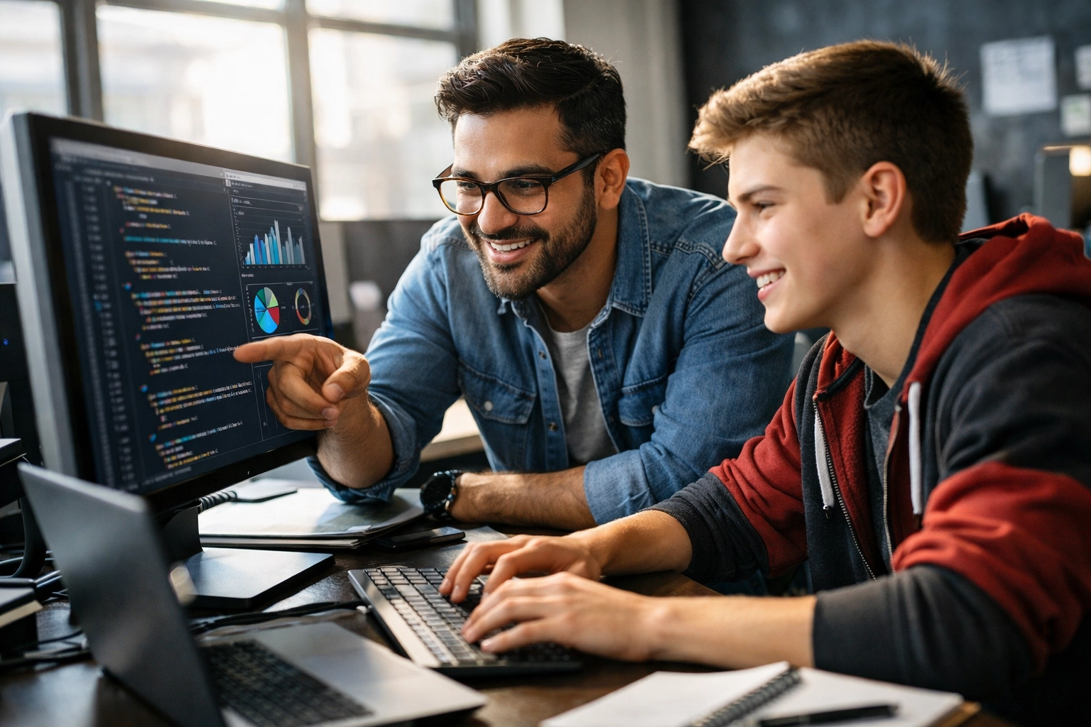 Tech professional mentoring high school student on data analytics at workstation