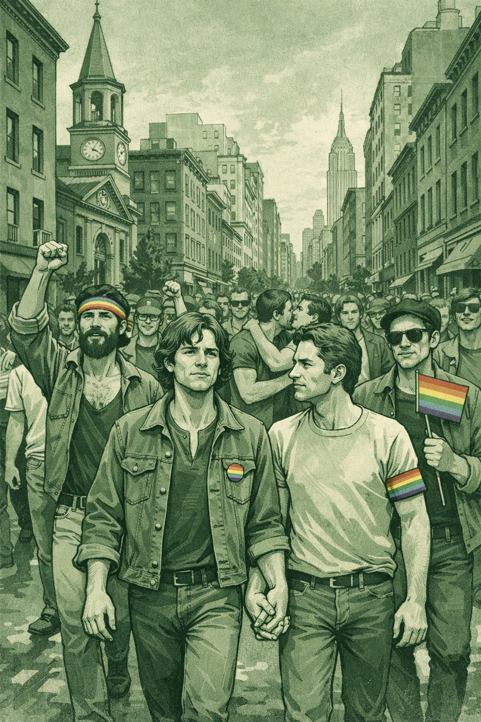 LGBTQ+ activists marching for gay liberation on Christopher Street during first Pride march