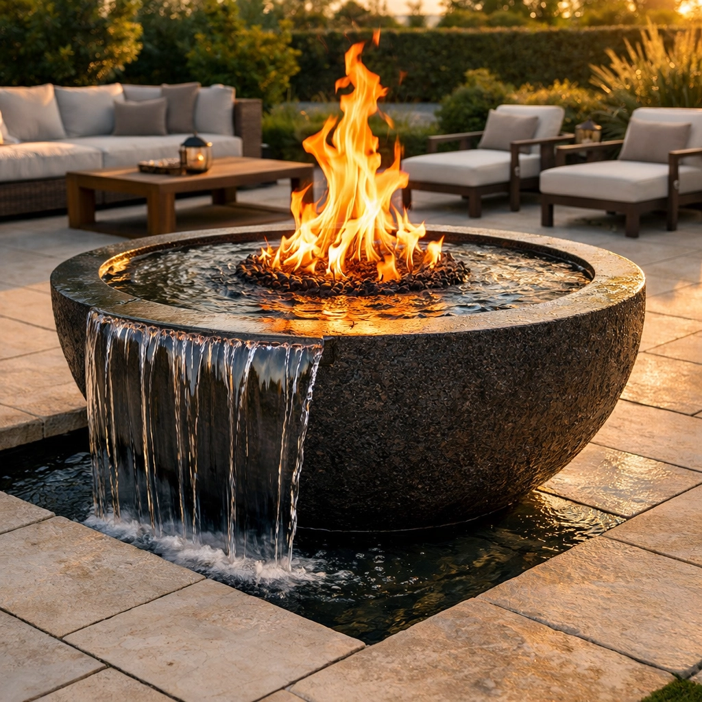 Elegant fire and water bowl on a luxury stone patio for a high-end outdoor kitchen design.