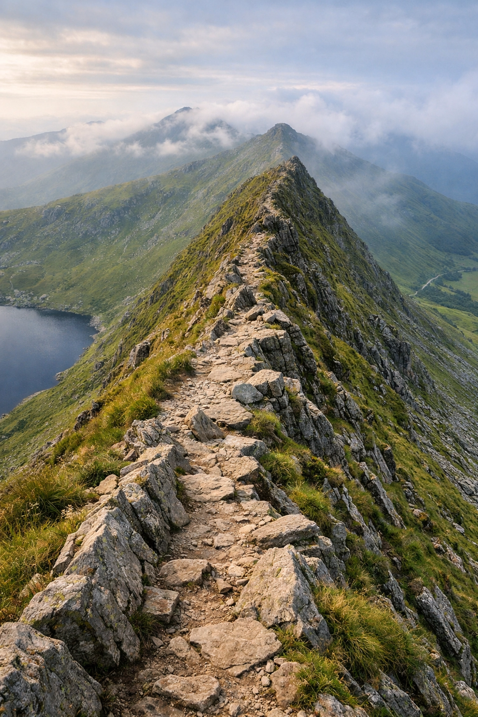 Narrow rocky ridge trail on a Lake District peak overlooking a misty mountain valley.