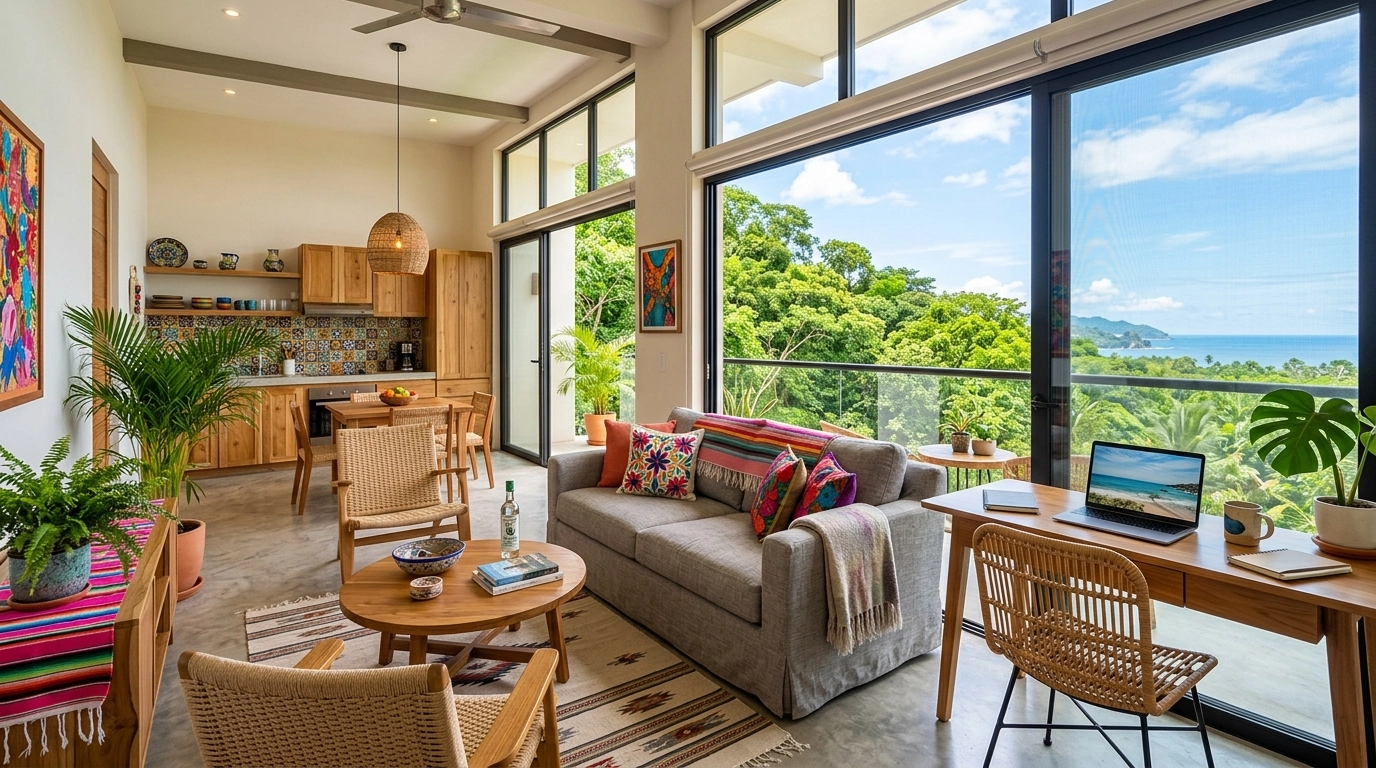 Cozy condo interior with jungle and ocean view