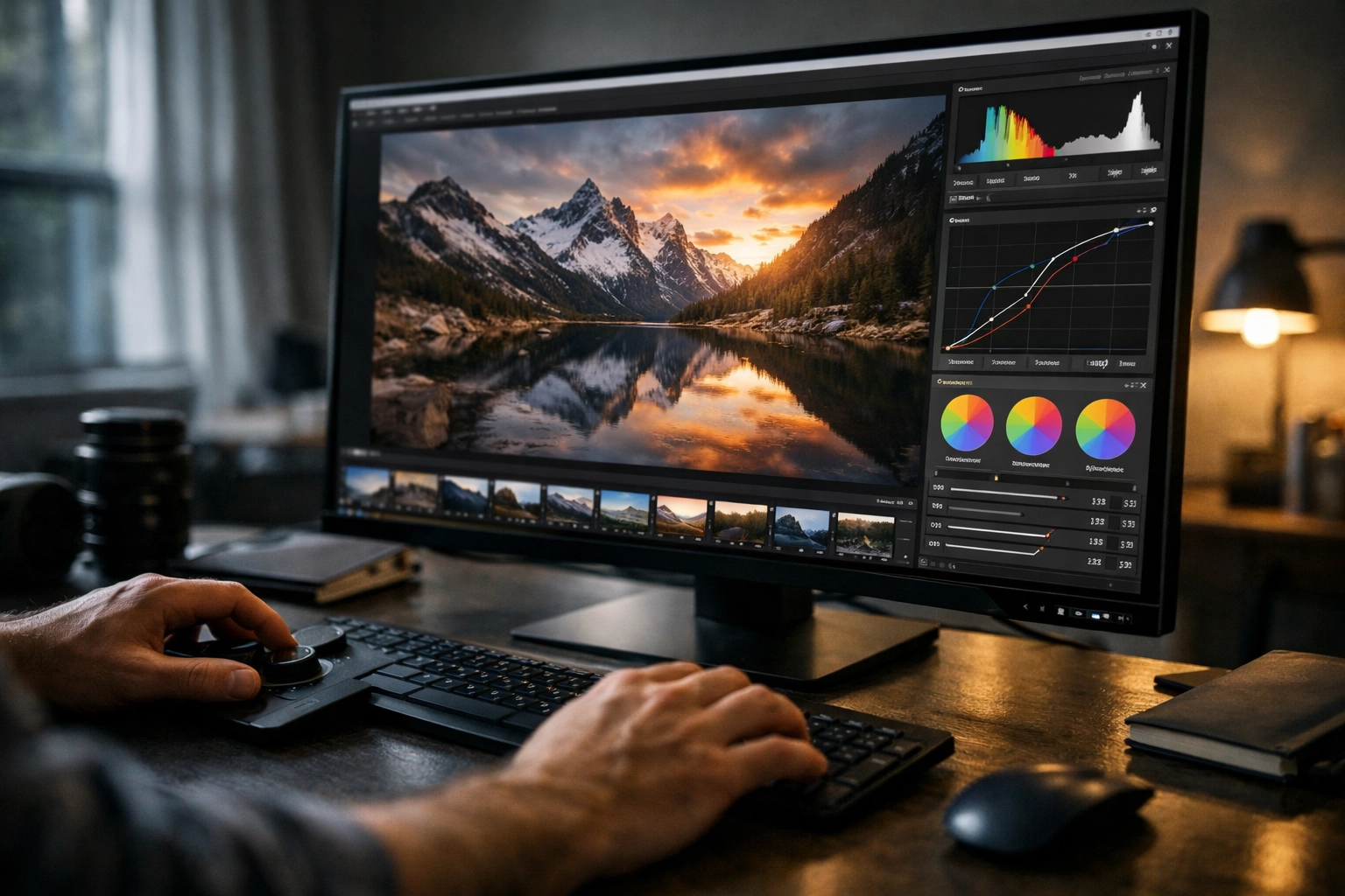Photographer editing a high-end landscape photo on a monitor to provide professional results for clients.