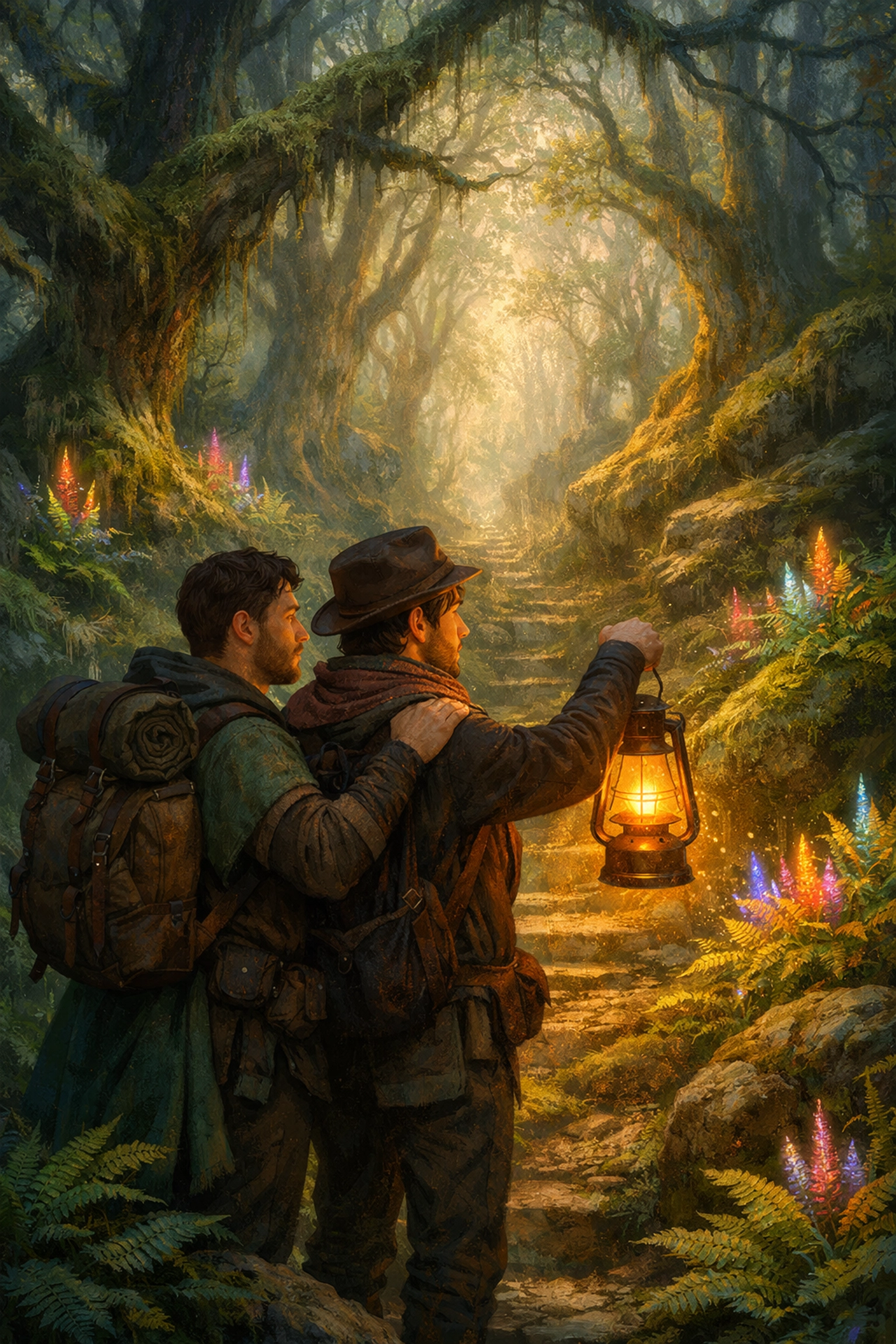 Two male hikers in a mystical forest, representing the future of MM fantasy and adventure romance books.