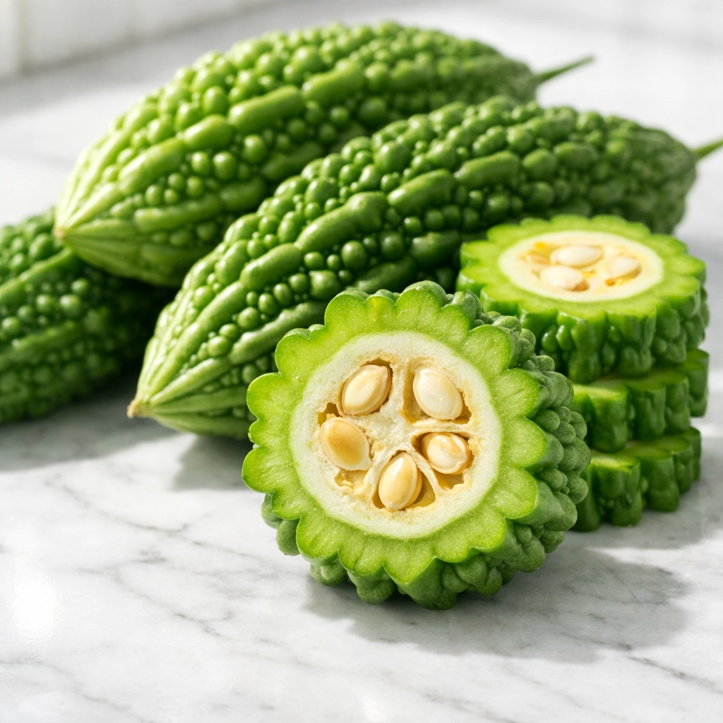 Fresh green bitter melon fruit sliced on a marble counter showing natural nutrients for metabolic support