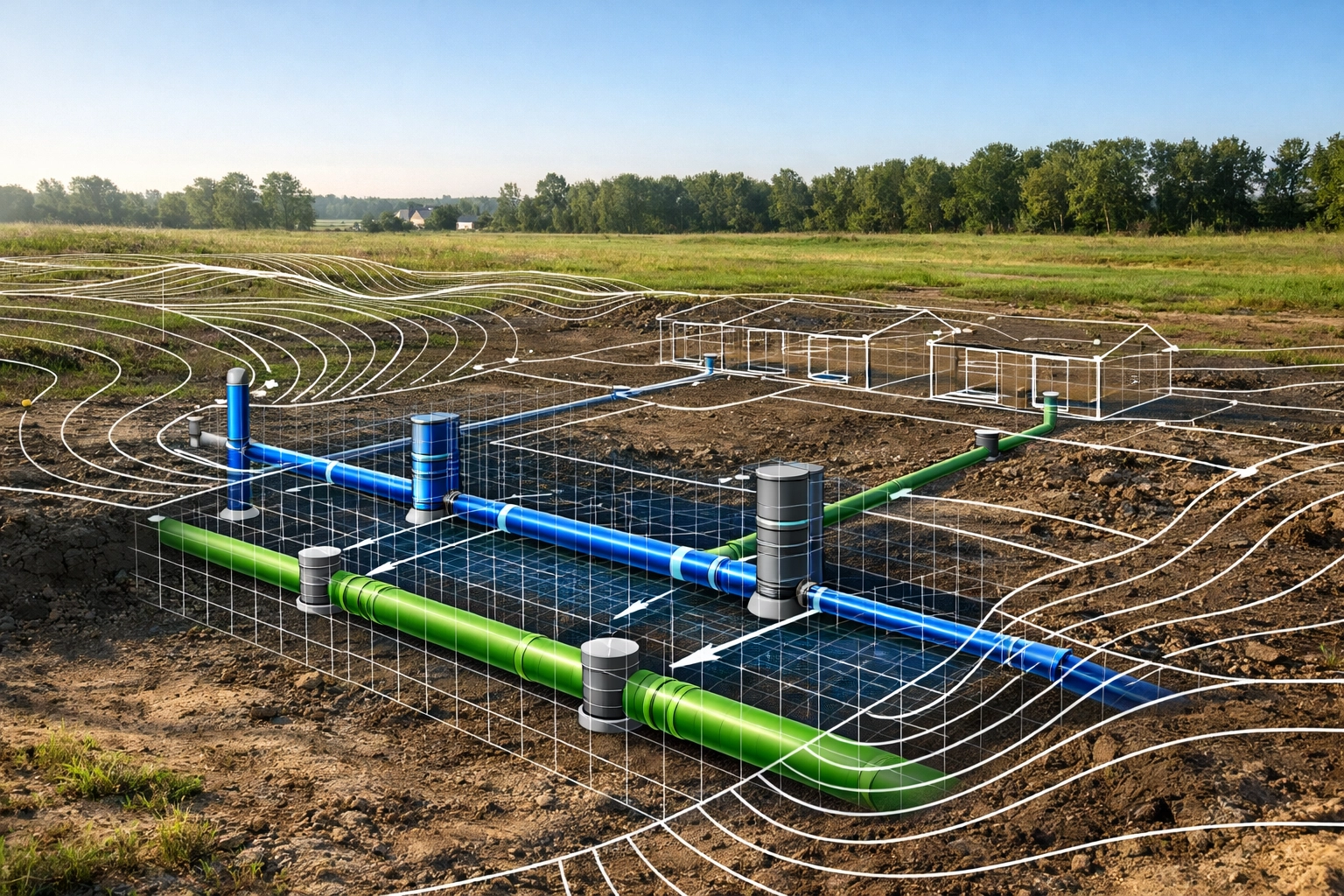 Ontario development site showing technical site servicing and grading plan overlays for a land severance project.