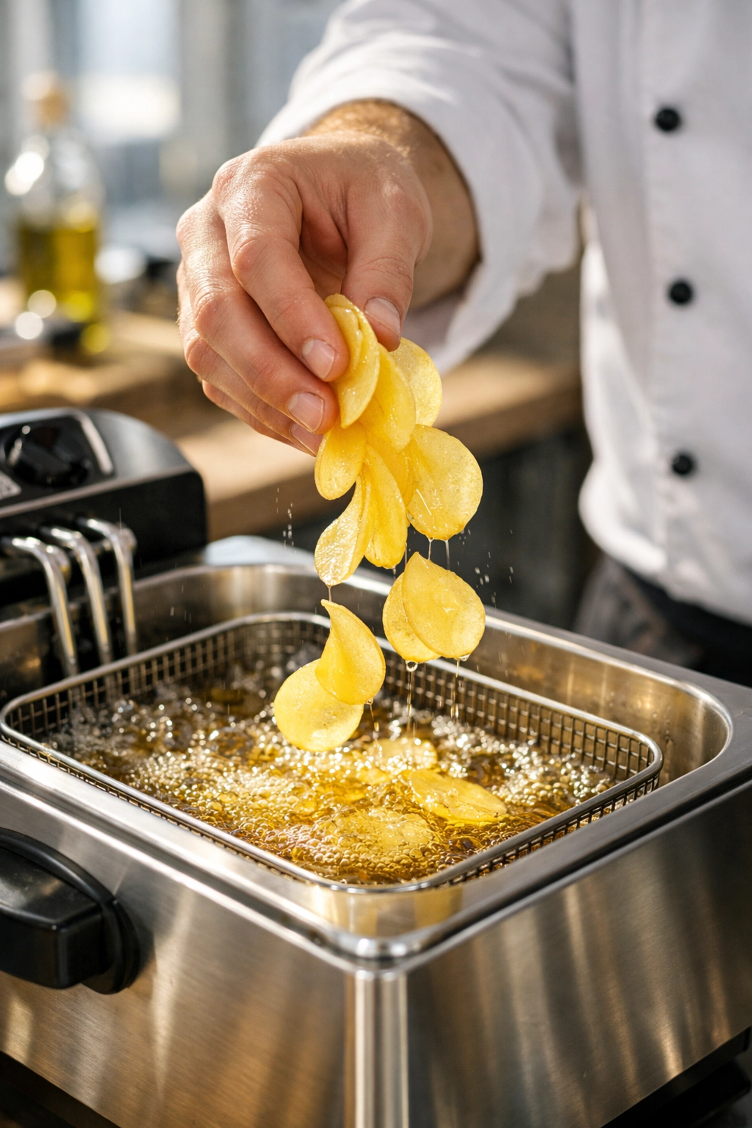 Professional chef frying thin potato slices in a modern kitchen to create crispy Saratoga chips.