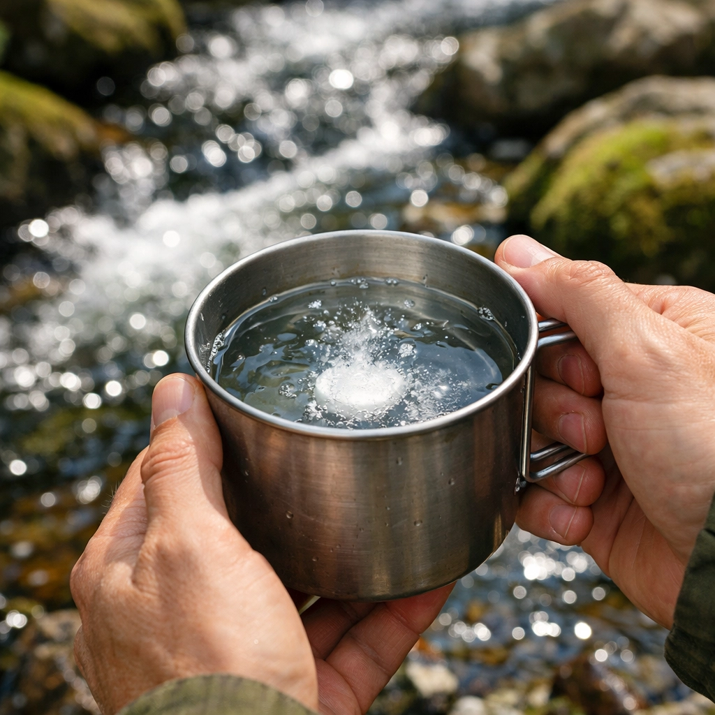 Purifying water from UK mountain stream using tablet in camping cup for safe drinking