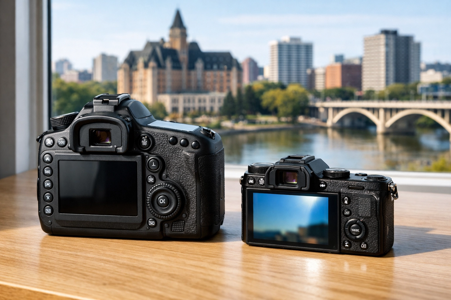 Comparison of a heavy DSLR and a compact mirrorless camera body on a wooden table in Saskatoon.