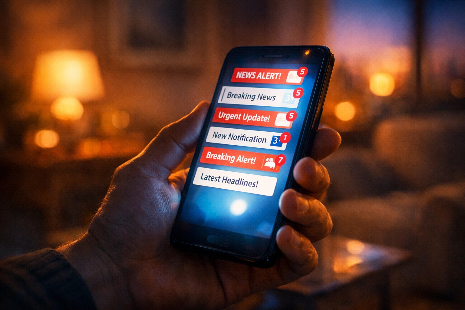 Person holding smartphone with overwhelming news notifications at 5 PM in cozy home setting