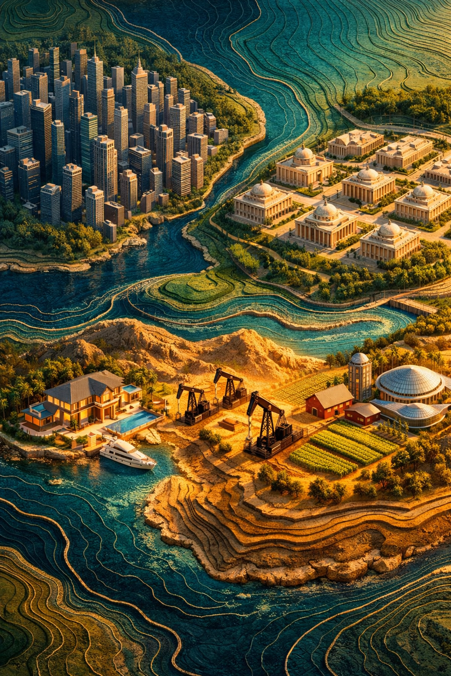 Alternative investment landscape featuring real estate, commodities, and private equity assets