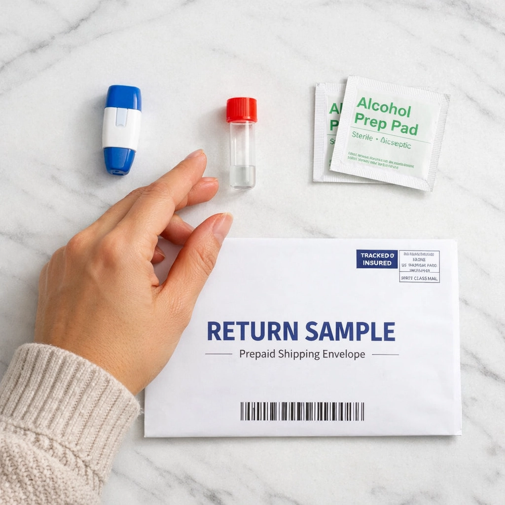 At-home cortisol blood test kit with lancet, collection tube, and prepaid return envelope