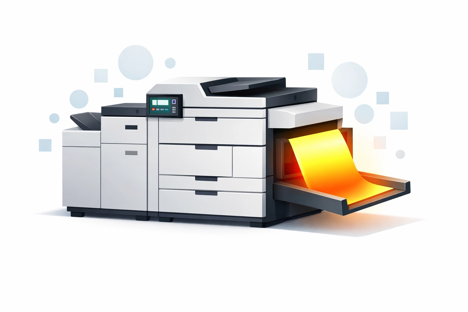 Minimalist industrial printer representing automated print production and high volume graphic design services.