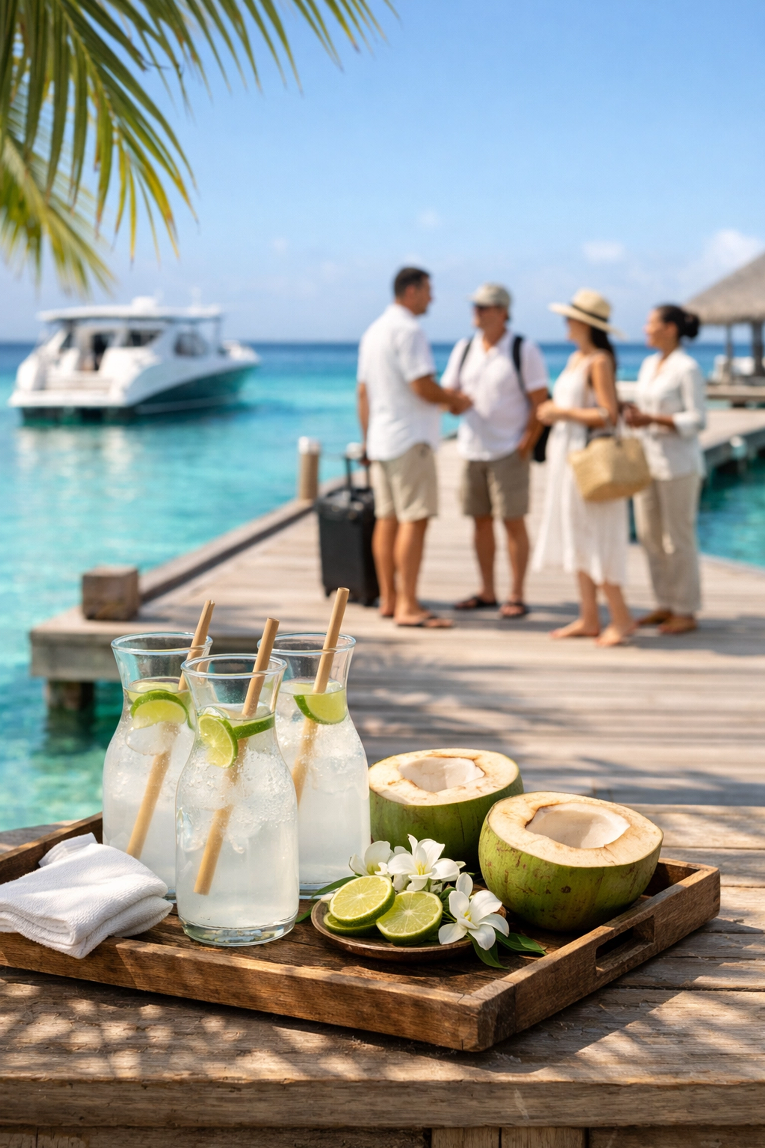 VIP arrival at a Maldives dive resort with chilled drinks and luxury concierge service on a tropical pier.