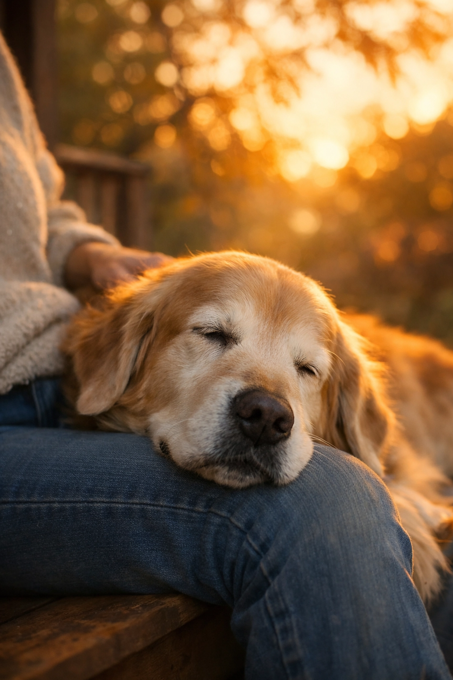 Senior Golden Retriever resting peacefully on owner's lap during end-of-life hospice care.