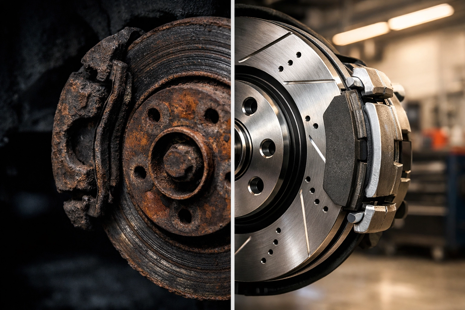Comparing a rusted, worn rotor to a new brake rotor for a professional brake service in Dartmouth.