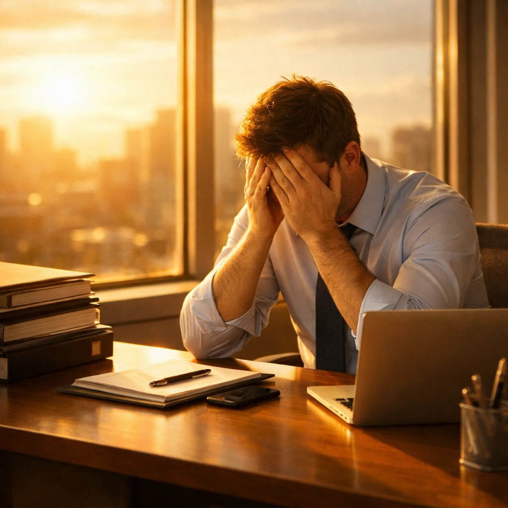 Exhausted professional at organized desk illustrating career dissatisfaction and wrong-fit leadership role