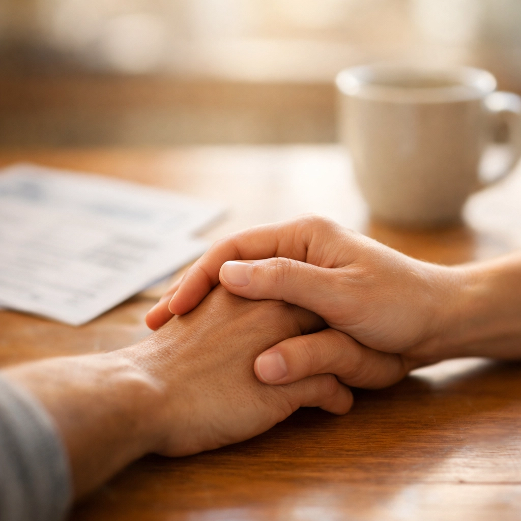 Two hands clasped together over financial documents symbolizing partnership and life insurance planning