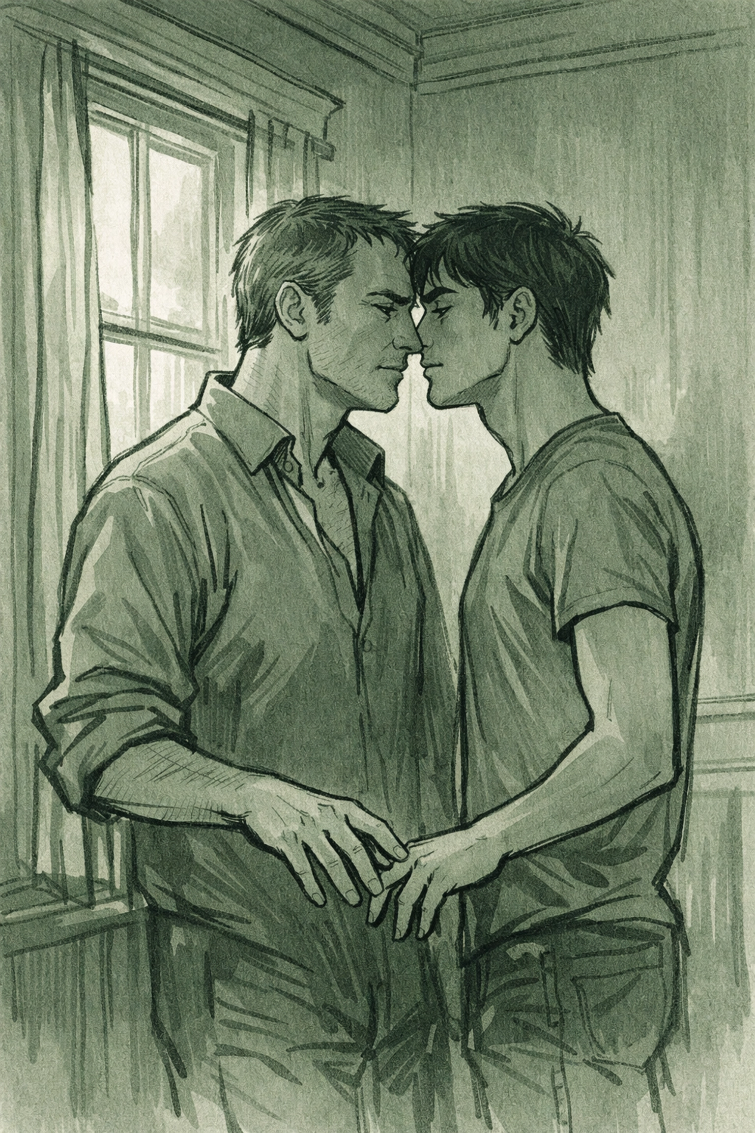 Older and younger man moments before first kiss in empty house - forbidden MM romance confession scene