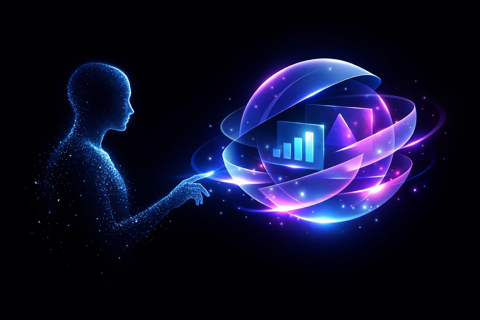 Abstract glowing figure interacting with a digital orb representing conversational AI search queries.