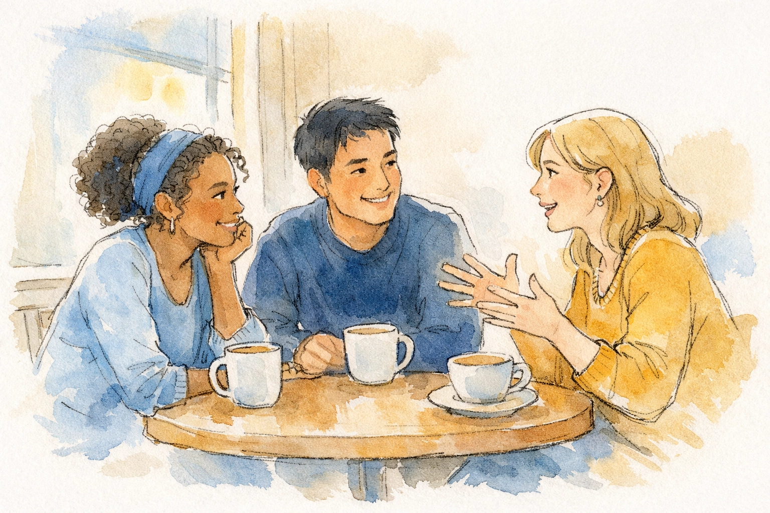 Three people in meaningful conversation demonstrating active listening and understanding audience needs