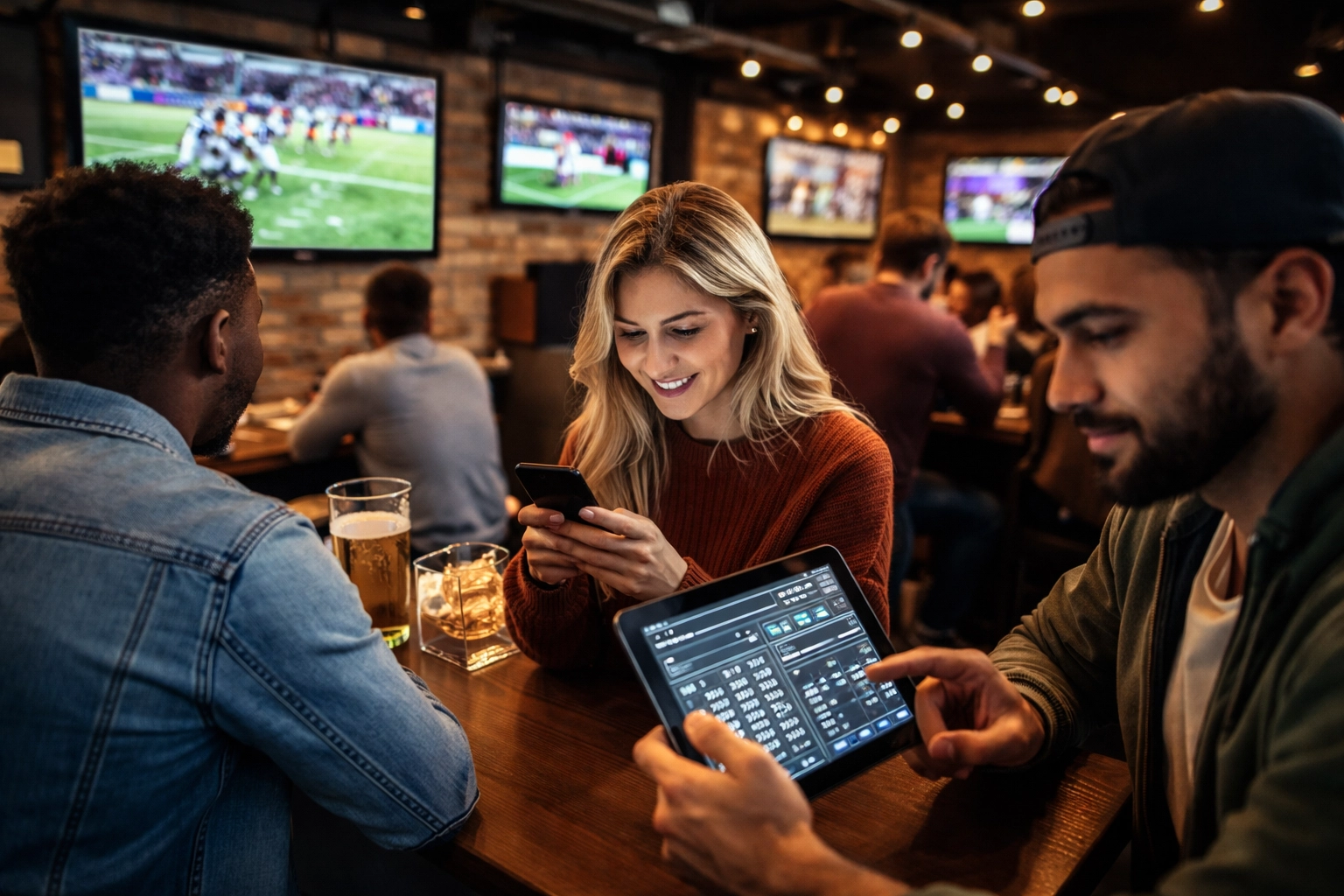 Young adults in a sports bar watch live sports and check updates on phones and tablets, showcasing multi-platform sports consumption trends.